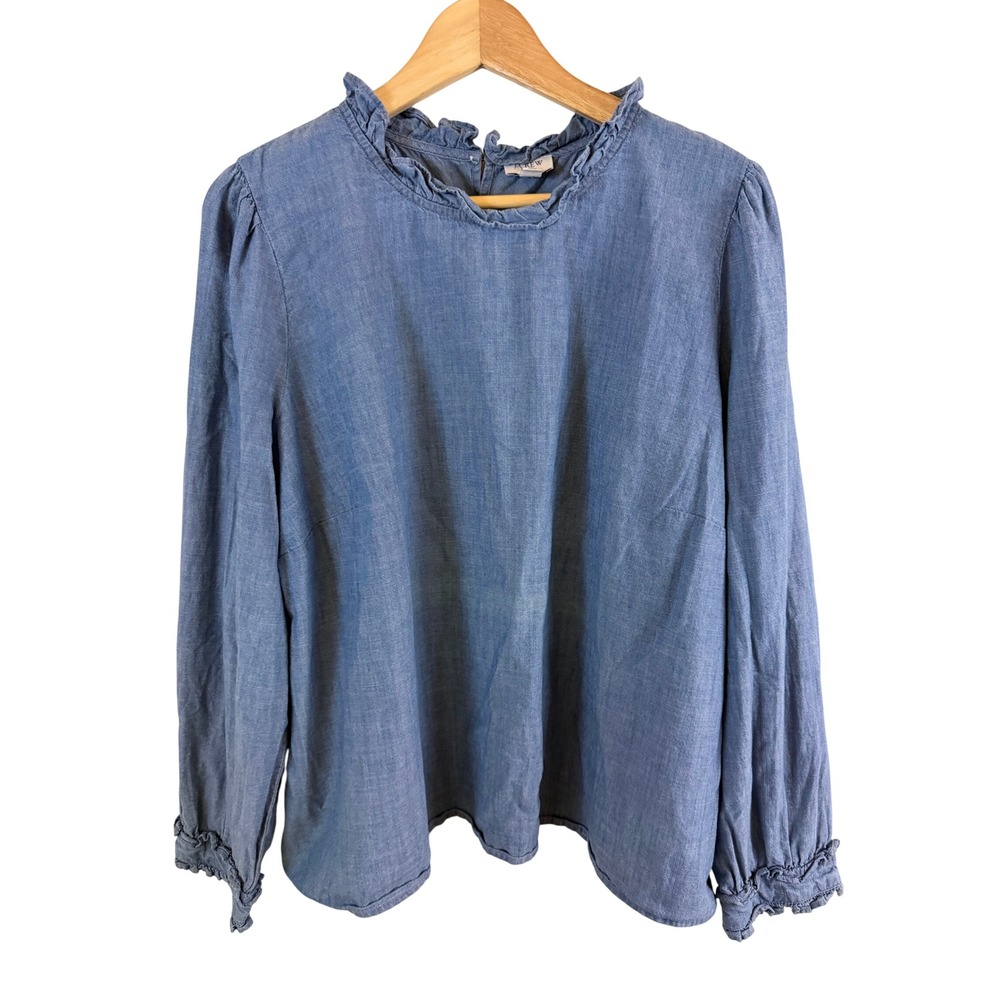 J.Crew Factory Ruffle Collar Chambray Blouse Women 3X Blue Long Sleeve Cotton